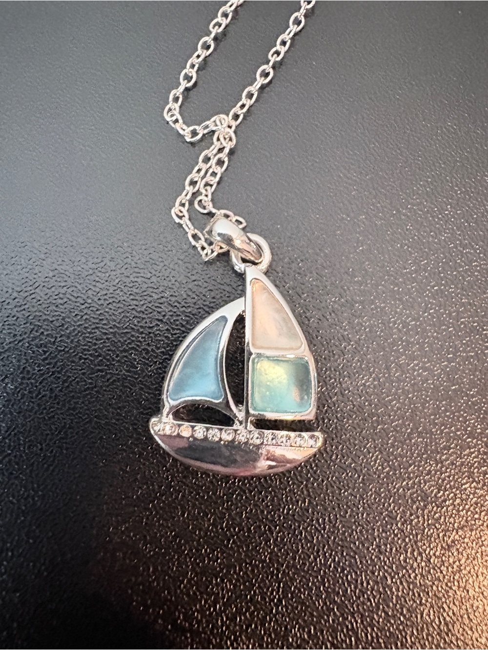 Source Unknown Silver Sailboat Necklace with Blue and Cream Inlays